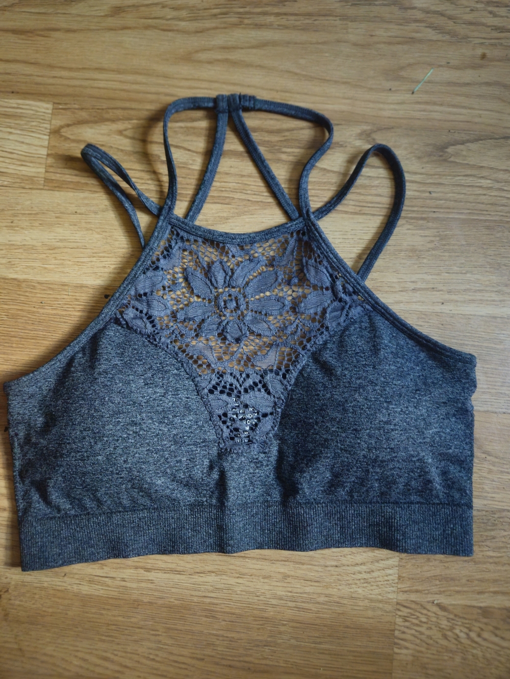 Zenana Outfitters Lace-Front High Neck Bralette - Charcoal